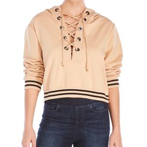 Dance & Marvel Beige Lace Up Cropped Hoodie